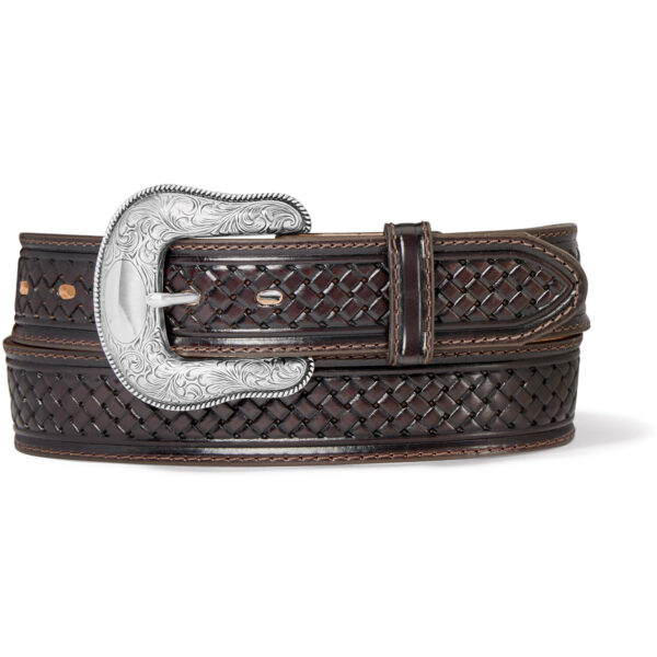 The Coleman leather western belt in chocolate with a deep embossed pattern.