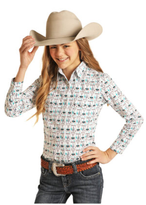 PanHandle Youth Cactus & Longhorn Print Western Shirt