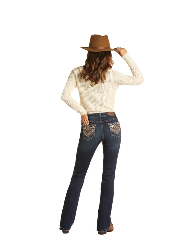 Rock and Roll Mid-Rise Bootcut Jeans with Aztec Pocket Embellishment Back View