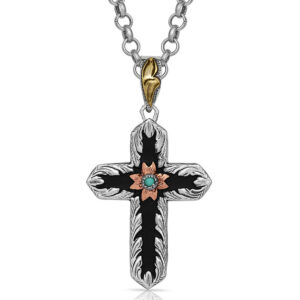 Antiqued Two Tone Radiating Cross Necklace