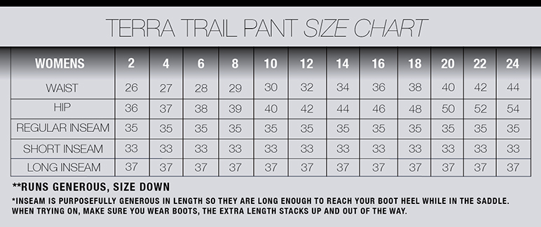 Terra Trail Pant Size Chart
