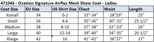 Ovation Airflex Show Coat Size Chart