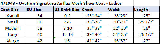 Ovation Airflex Show Coat Size Chart