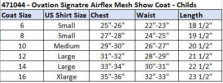 Ovation Youth Airflex Show Coat Size Chart