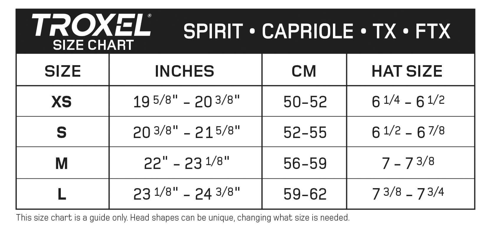Troxel Spirit Size Chart