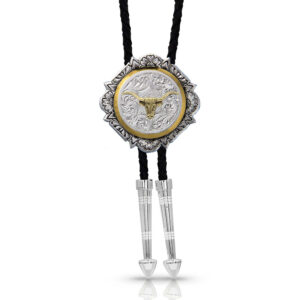 Montana Silversmiths Silver and Gold Engraved Longhorn Bolo Tie