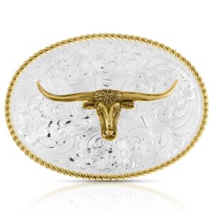 Montana Silversmiths Small Two-Tone Engraved Longhorn Buckle