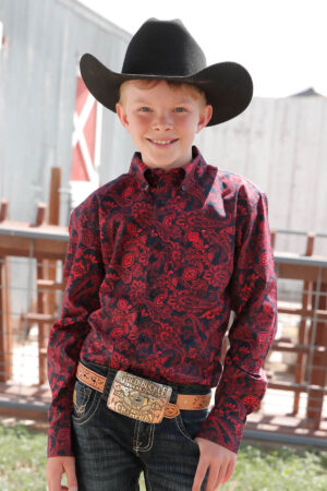 Cinch Boys Navy and Red Paisley Shirt