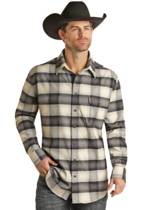 Rock & Roll Brushed Buffalo Plaid Stretch Shirt - Grey/Cream