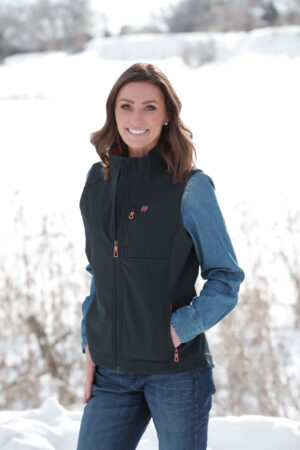 Cinch Bonded Black Embroidered Logo Vest Front View with snowy background