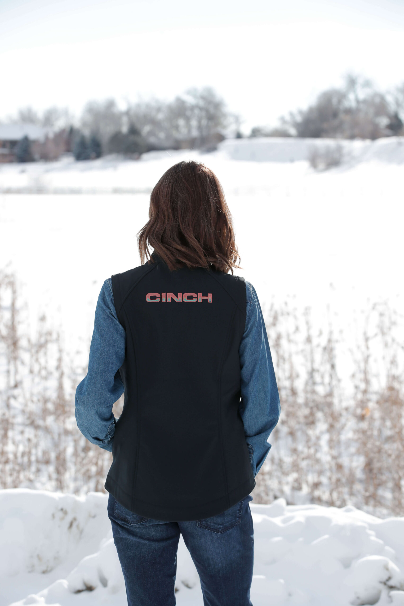 Cinch Bonded Black Embroidered Logo Vest back View with snowy background