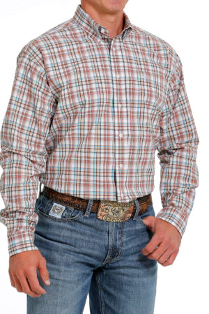 Cinch White/Tan/Cyan Plaid Shirt