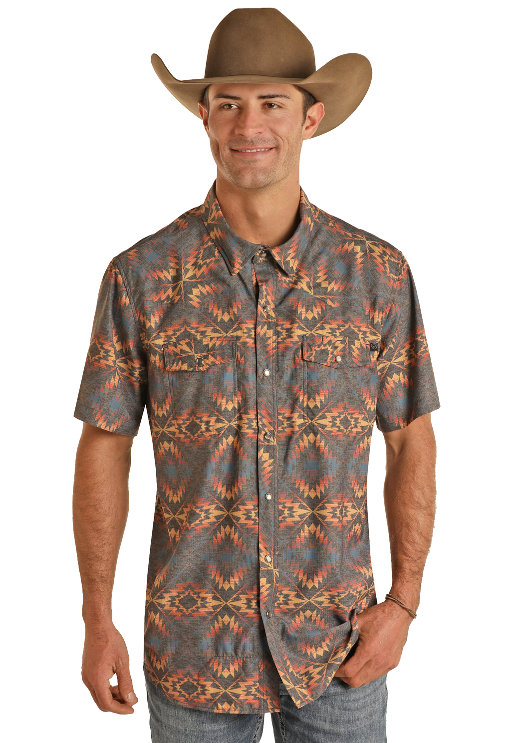 Rock & Roll TekWestern Charcoal Aztec Snap Short Sleeve Front View