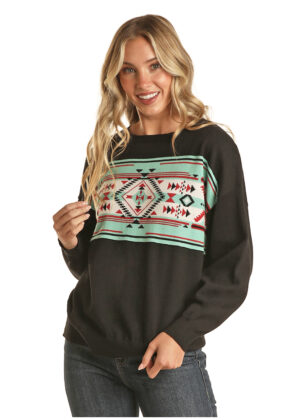 Rock & Roll Denim Aztec Crew - Black/Turquoise