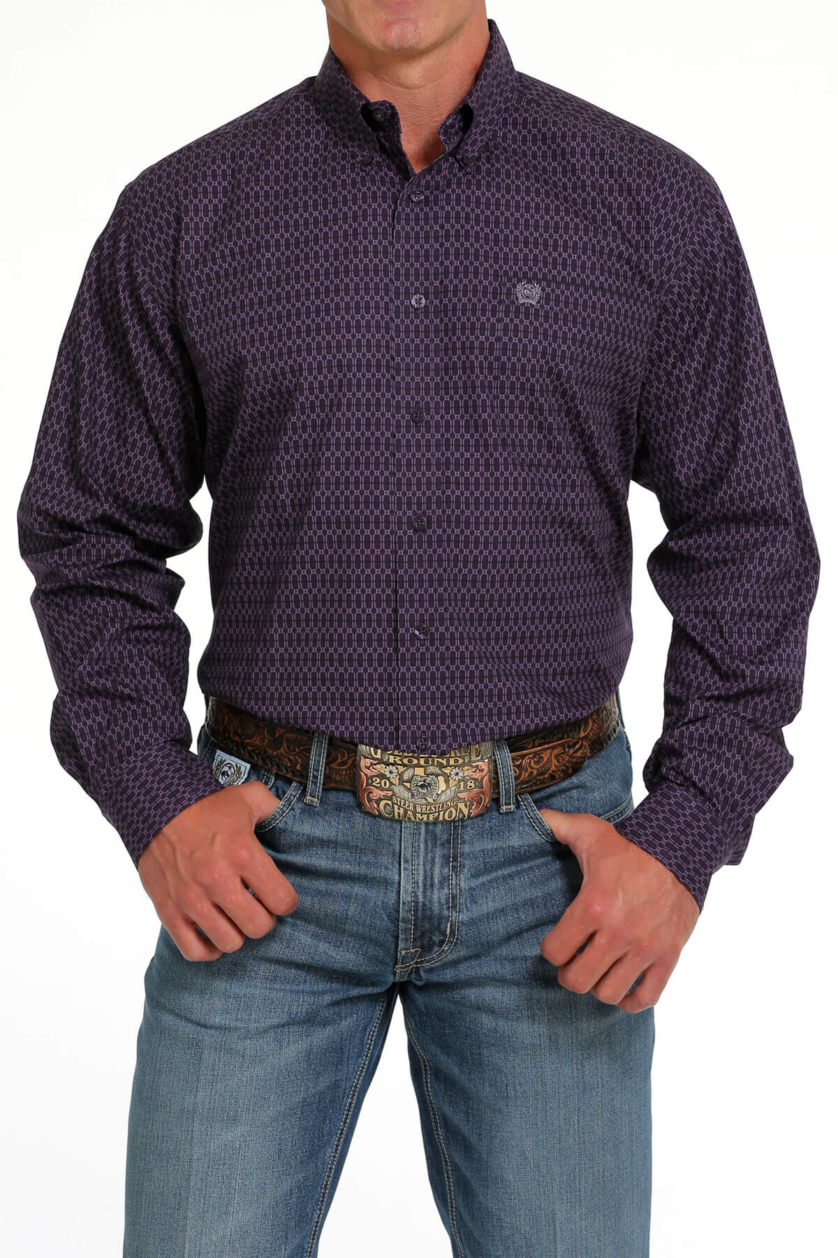 cinch geometric print shirt in purple full view