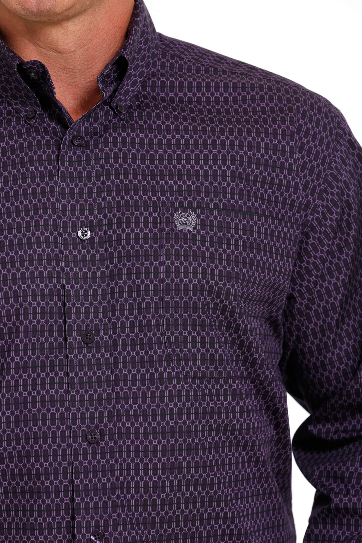 cinch geometric print shirt in purple up clsoe pocket view