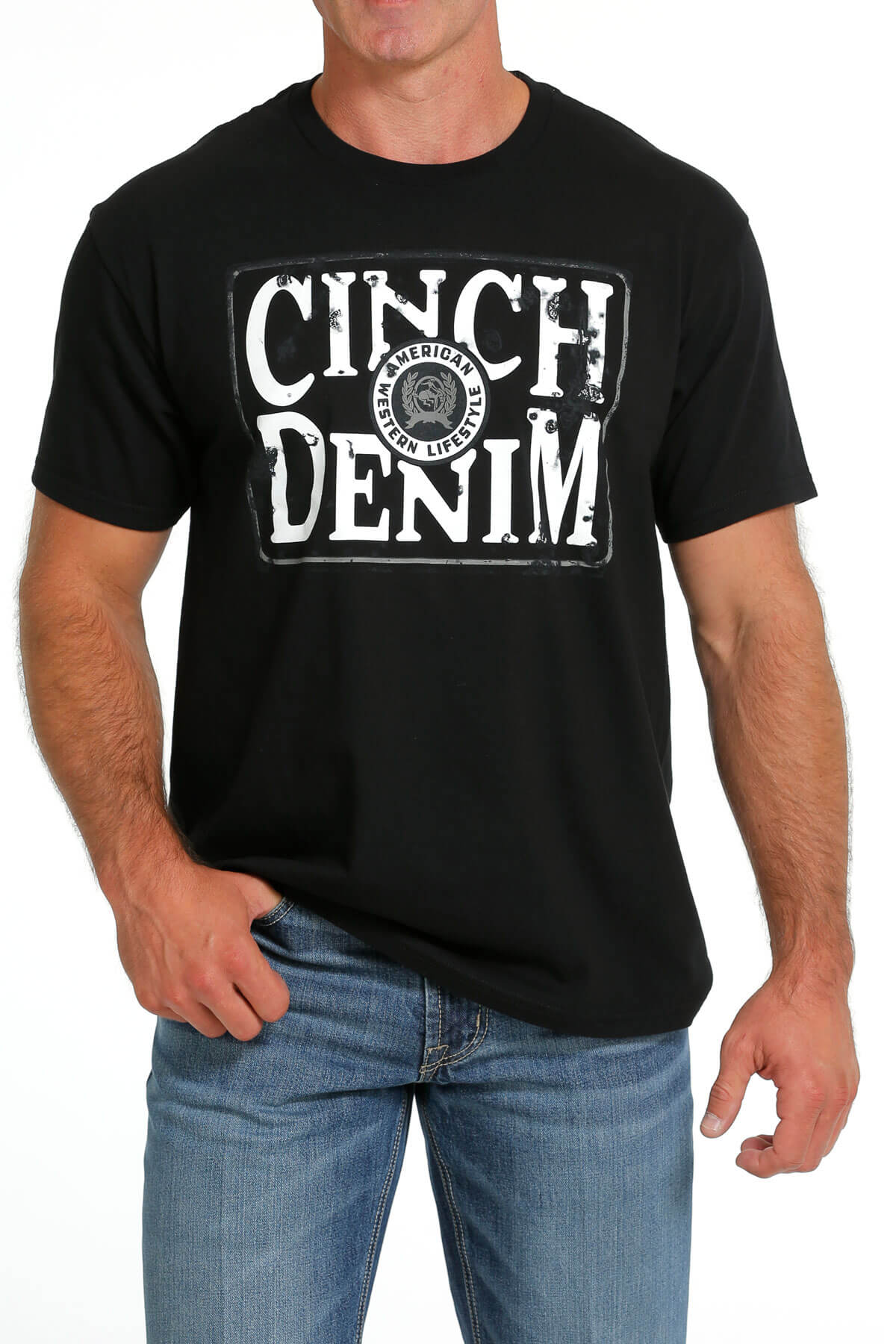 black tee shirt with cinch denim screen printed on the front