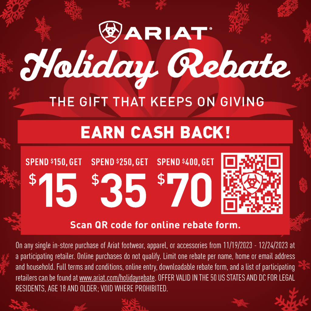Ariat 2023 Holiday Rebate Flier - Spend 0 to get , 0 to get , & 0 to get  back. 