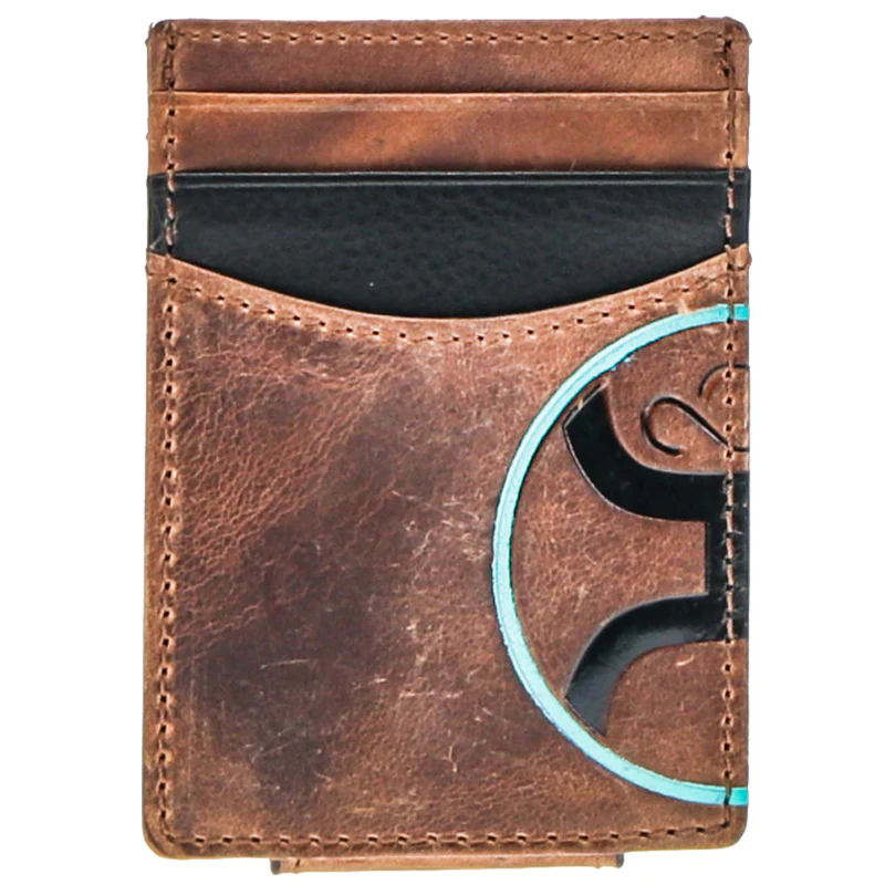 Hooey 2.0 Money Clip in brown with black and turquoise accents - card side