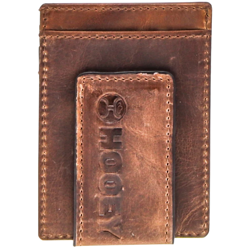 Hooey 2.0 Money Clip in brown with black and turquoise accents magnetic clip side