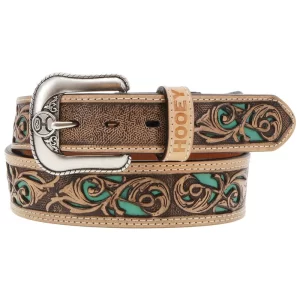 hooey top notch belt in natural with turquoise inlay