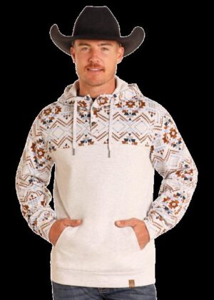 Rock & Roll Denim Aztec Color Block Hoodie Light Grey
