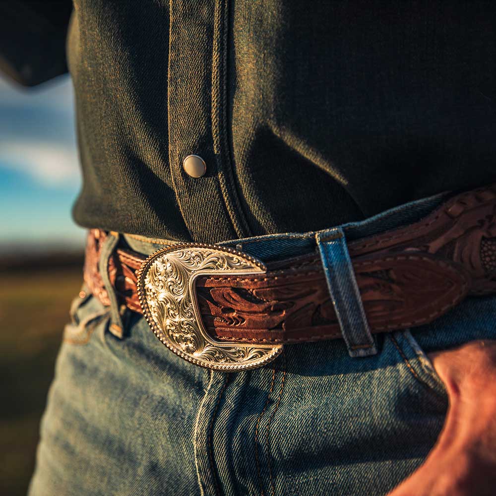 Elevated Classic Oval Belt Buckle shown attached to a belt