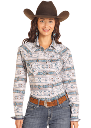 Ladies Panhandle Horizontal Southwest Teal LS Snap