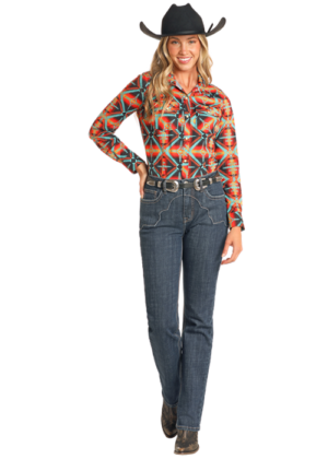 Rock & Roll Denim Orange Aztec Snap