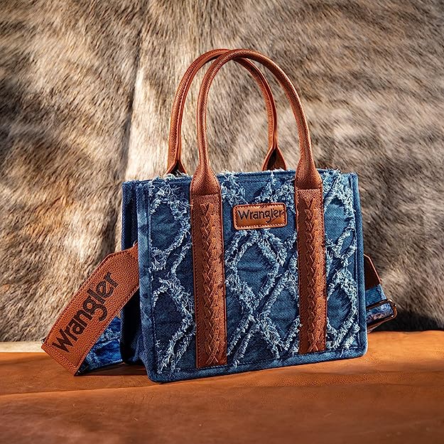 Wrangler Frayed Denim Small Canvas Tote Crossbody Purse Jean