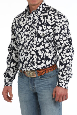 Cinch Mens Vintage Hibiscus Long Sleeve - Navy/White