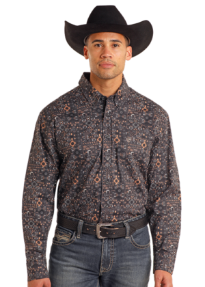 Rock & Roll Denim Geo Print Dark Brown Long Sleeve