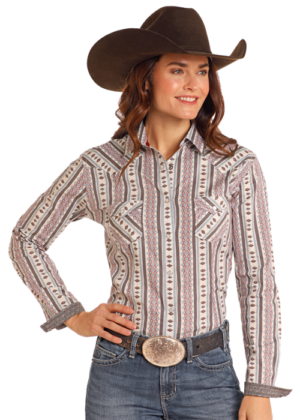 Ladies Rough Stock Snap Aztec Retro Stripe LS