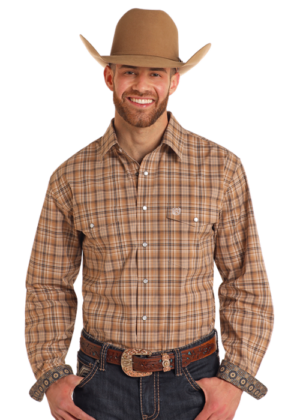 Panhandle Khaki Stretch Plaid Snap Shirt
