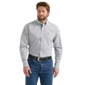 Wrangler George Strait Western Long Sleeve Shirt - White Brown Plaid Pattern Front View
