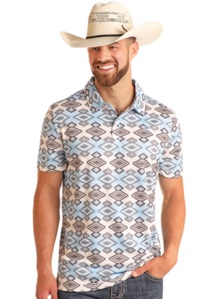 Rock & Roll Aztec Stripe Printed Polo Blue/White