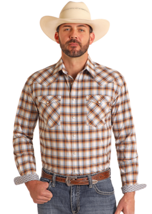 Rough Stock Blue/Orange Ombre Plaid Snap