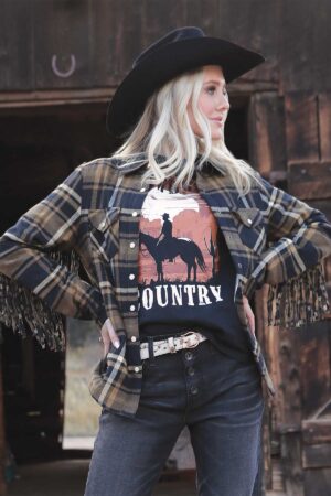 Lds Fringed Quilted Flannel Shaket - Black/Yellow