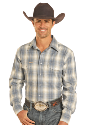 Mens Powder River Snap Cerulean Blue Brushed Plaid