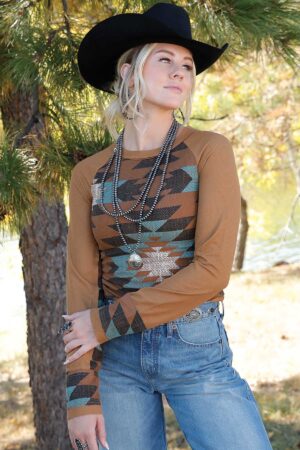Cruel Tan Waffle Knit Southwest Raglin LS Shirt