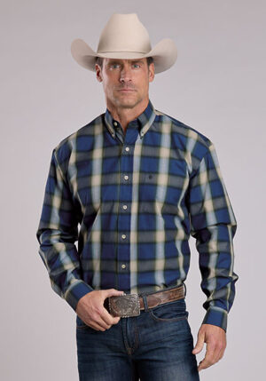 Stetson Blue Sage Dobby Plaid LS Button