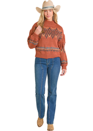 Rock & Roll Burnt Orange Fringe Mock Neck Sweater