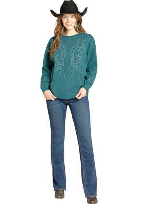 Rock & Roll Teal Boot Stitch Embroidered Sweatshirt