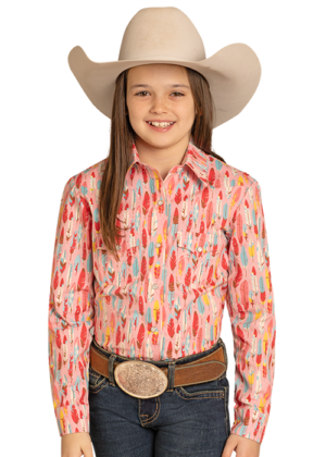 Panhandle Slim Girls Hot Pink Feather Snap Shirt