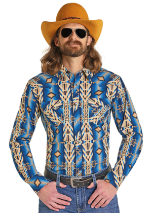 Rock & Roll Blue Dale Aztec Print Long Sleeve Snap