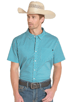 Rock & Roll Teal Diamond Tek Western Print Short Sleeve Shirt