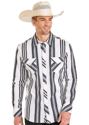 Rock & Roll Retro Blk/Wht Stripe Snap Stretch Long Sleeve