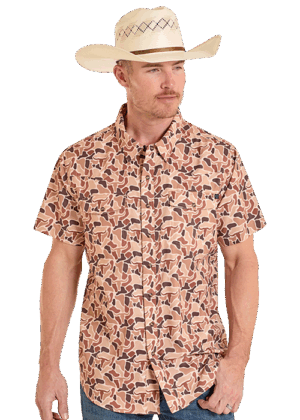 Rock & Roll Longhorn Camo Tek Western Short Sleeve Shirt