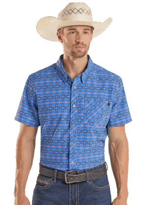 Rock & Roll TekMesh Blue Geo Print Short Sleeve