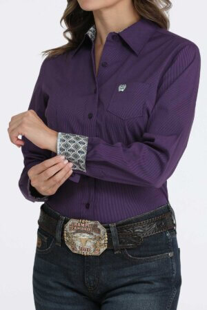 Cinch Lds Purple Stripe Stretch LS Button